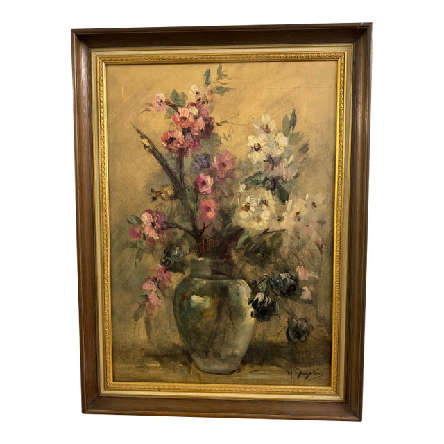 Vintage Original Floral Still Life Oil Painting, Signed by N. Sargoris - Framed For Sale