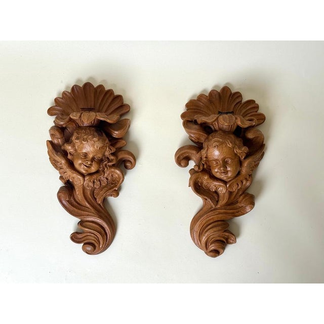 European Alpine Baroque Style Hand-Carved Cherub Wall Sconces in Spruce, 1970, Set of 2 For Sale - Image 11 of 18