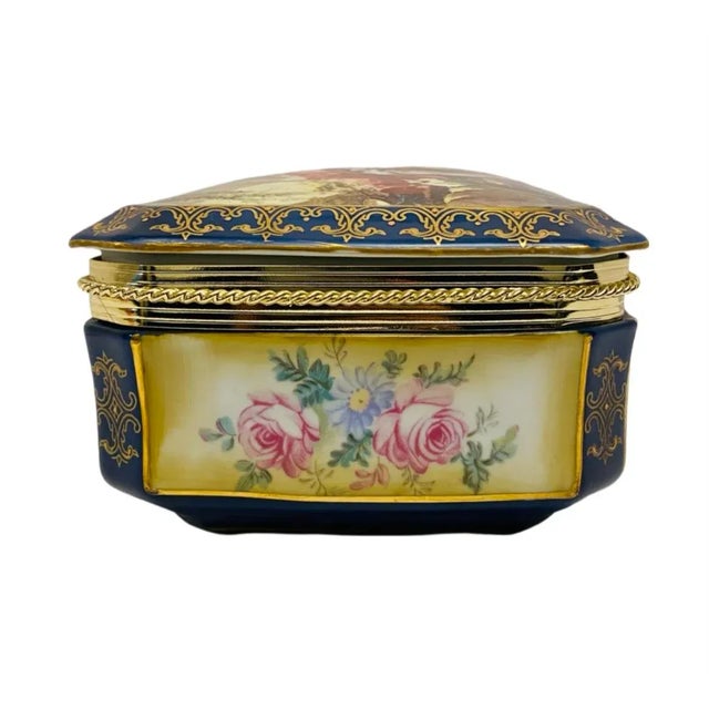 Victorian Early 20th Century Antique Limoges Porcelain Dresser Box, Hand Painted Romantic Scene For Sale - Image 3 of 9