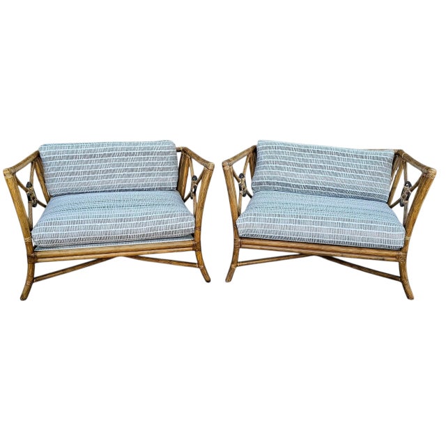 Exceptional five-piece vintage seating collection by McGuire of San Francisco, featuring two generously scaled lounge...