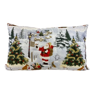 Festive Santa With Animal Friends Christmas Themed Bolster Pillow With Red Velour-Like Back - Made in U K For Sale