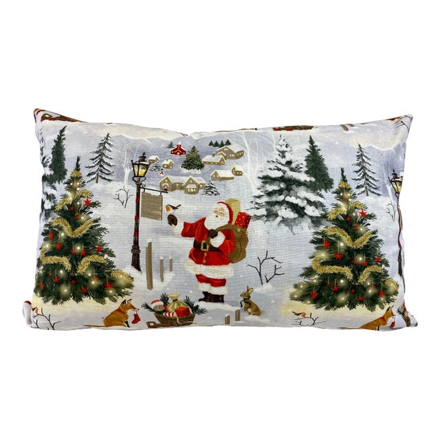 Festive Santa With Animal Friends Christmas Themed Bolster Pillow With Red Velour-Like Back - Made in U K For Sale