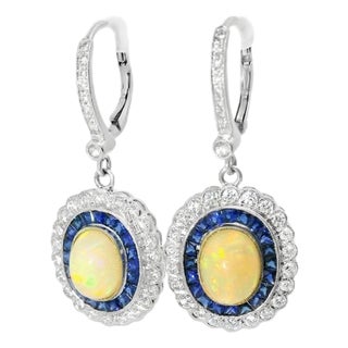 Mid 20th Century Pair of 18k White Gold Diamond Opal Sapphire Dangle Earrings Art Deco Antique Estate For Sale