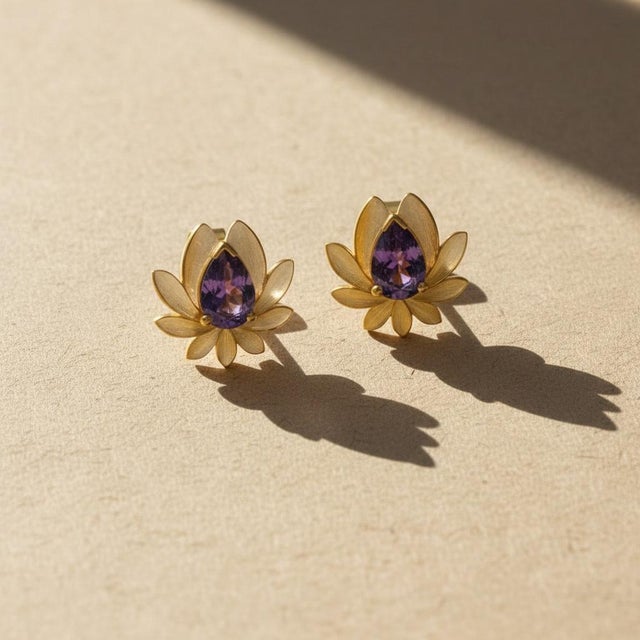 Modern Pear-Cut Amethyst Lutus Flower Earrings Studs, Silver, Gold, Pair For Sale - Image 3 of 7