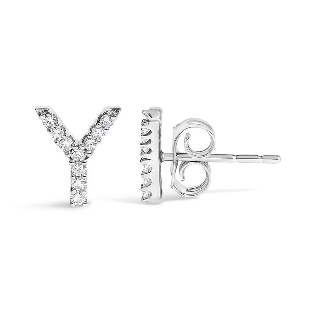 Contemporary 10K White Gold 1/10 Cttw Diamond 'Y' Initial Stud Earring For Sale - Image 3 of 5