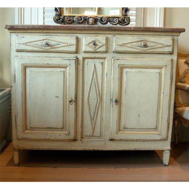 19th century Directoire Belgium painted buffet with two doors, three drawers and faux marble painted top.