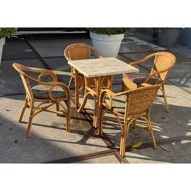 Table dimensions: Height: 75cm, tabletop: 70cm x 70cm Chairs: Height: 82cm x 54,6cm width x 42cm depth. Items are used,...