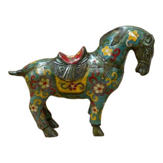 Vintage Chinese Turquoise Blue Flower Cloisonné Enamel Horse Statue For Sale