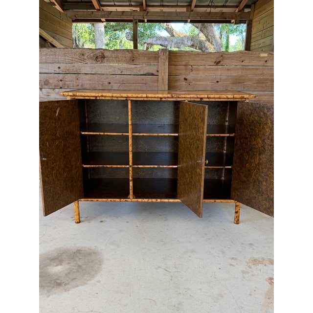 Vintage Coastal Tortoise Bamboo Sideboard Cabinet With Floral Decoupage & Crackle Finish For Sale In Naples, FL - Image 6 of 12