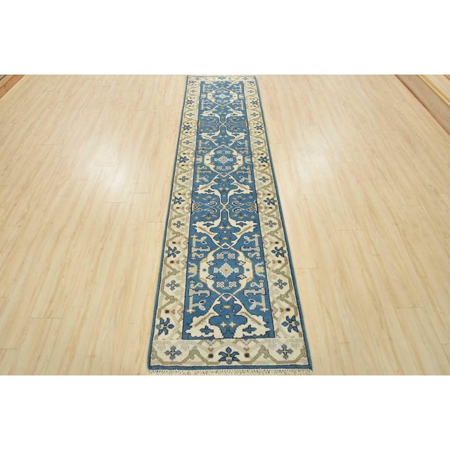 Tribal Oushak Runner 2’8” X 10′ Blue Wool Tribal Hand-Knotted Oriental Rug For Sale - Image 3 of 13