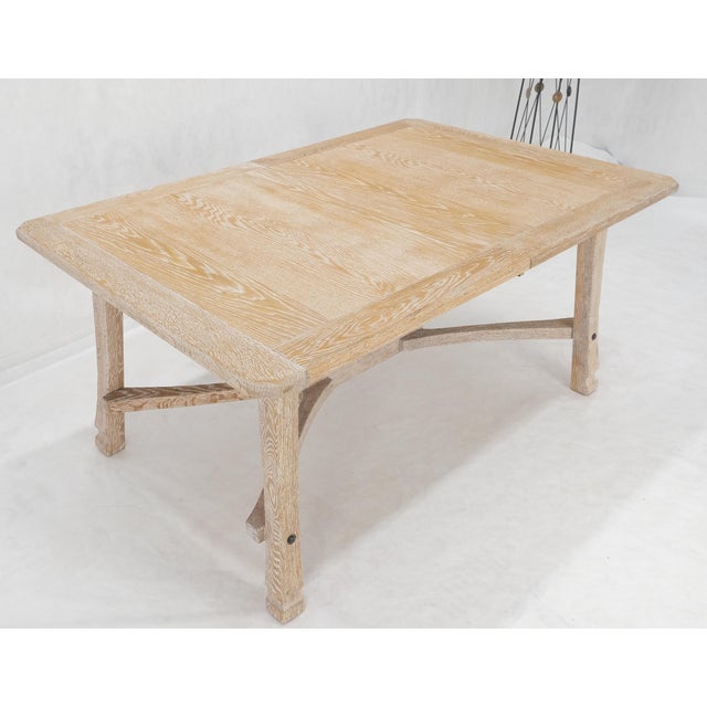 Cream MCM Arts & Crafts Cerused Oak Dining Table w/ 12" Extension Leaf Board Mint For Sale - Image 8 of 12