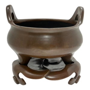 Early 1900s Antique Chinese Bronze Incense Burner W/ Stand - Set of 3