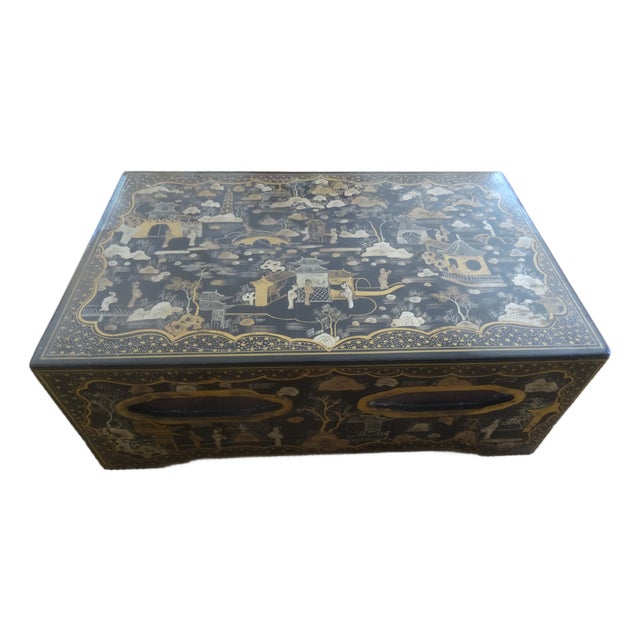 Large Vintage Chinoiserie Black Lacquered Gilt Painted Box For Sale