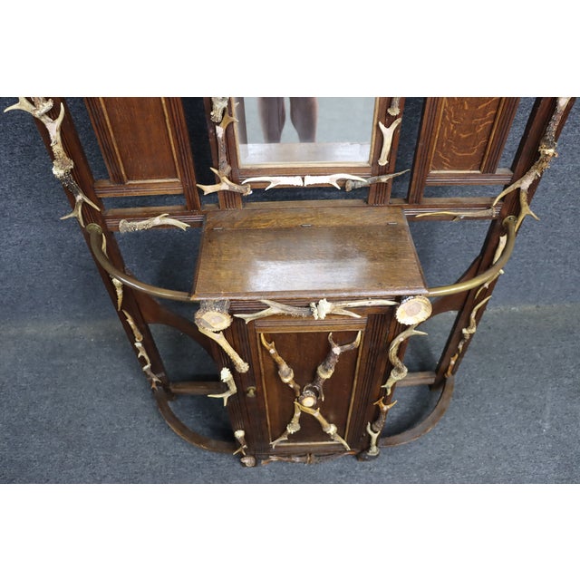 Rustic Adirondack Style Oak Hall Rack With Antler Detail For Sale - Image 3 of 10