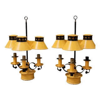 Empire 3-Light Bouillotte Lamps in Lacquered Sheet Metal with Candle Extinguisher, 1920s, Set of 2 For Sale