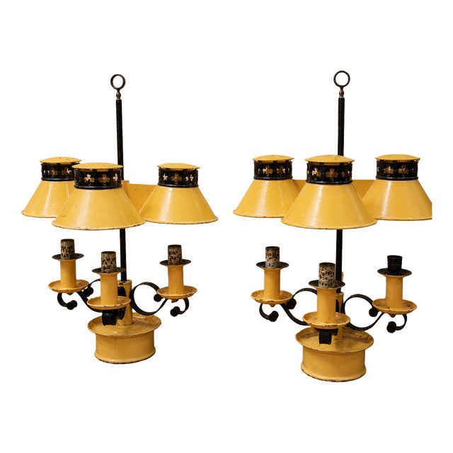 Empire 3-Light Bouillotte Lamps in Lacquered Sheet Metal with Candle Extinguisher, 1920s, Set of 2 For Sale