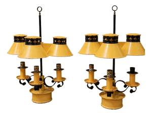 Empire 3-Light Bouillotte Lamps in Lacquered Sheet Metal with Candle Extinguisher, 1920s, Set of 2