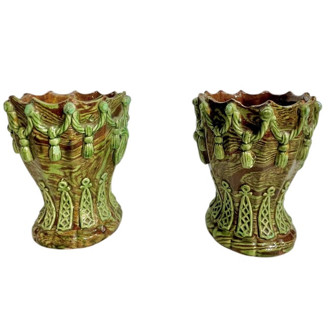 Pair Antique French Majolica Glazed Terracotta Jardinieres With Rope and Tassel Design For Sale - Image 15 of 17