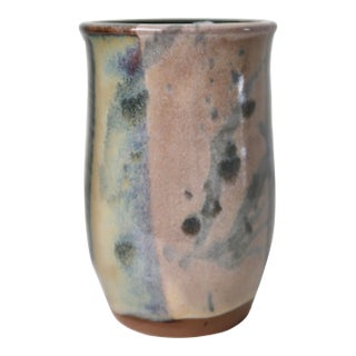 Signed Handmade Ceramic Studio Pottery Tumbler Shaped Vessel With Abstract Brushwork & Variegated Glaze For Sale