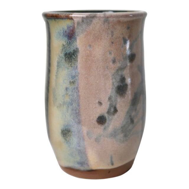 Signed Handmade Ceramic Studio Pottery Tumbler Shaped Vessel With Abstract Brushwork & Variegated Glaze For Sale
