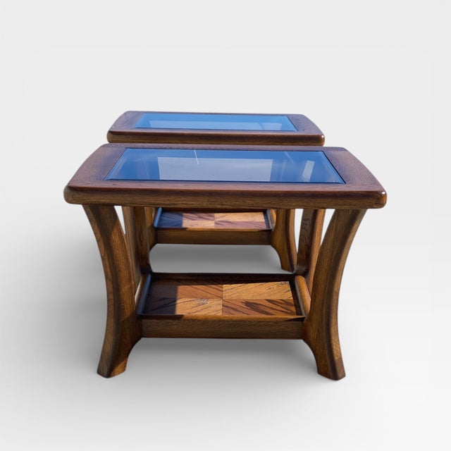 Pair of Late Mid-Century Oak Side Tables With Smoked Glass Tops, Mid-Century Modern, 1970s For Sale In Los Angeles - Image 6 of 18