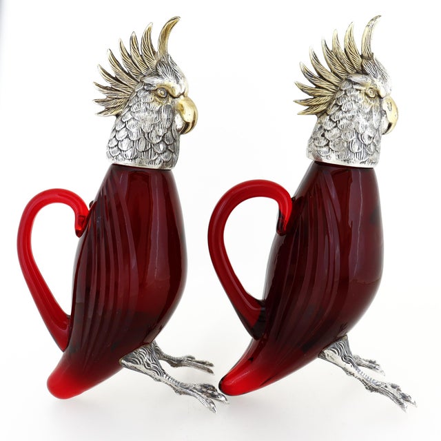 Late 20th Century Pair Cartier Sterling Silver & Ruby Red Cut Glass Oil & Vinegar Cruet Decanters For Sale - Image 5 of 18