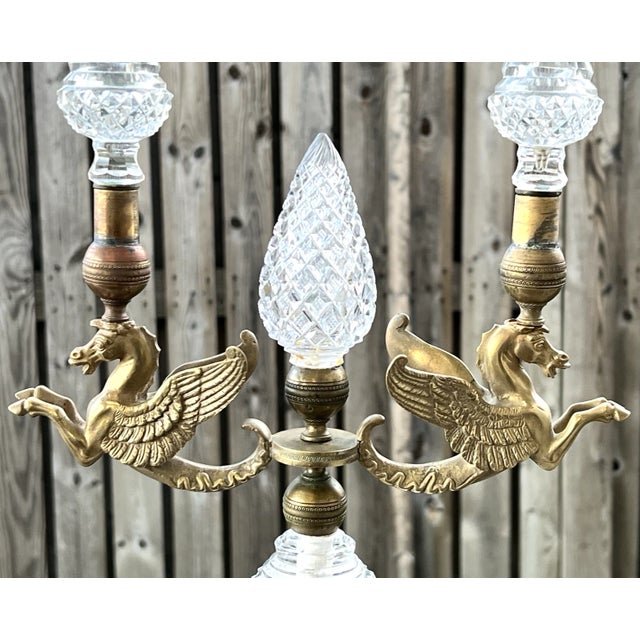 C1810-20 Antique British Georgian Regency Bronze/ Cut Glass Pegasus Winged Horse Candelabra For Sale - Image 9 of 13