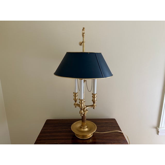 Vintage French Regency Brass Bouillotte Lamp With Black Tole Shade For Sale - Image 10 of 13