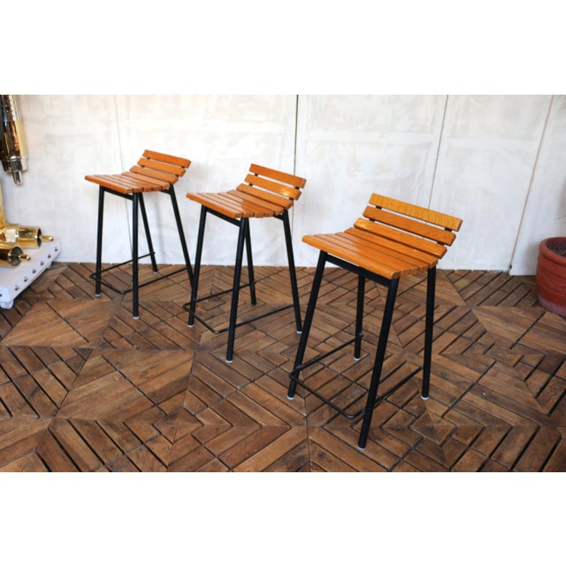 Set of Six Mid-Century Modern Oak & Steel Bar Stools, 1960s For Sale - Image 12 of 18