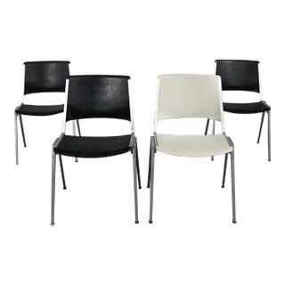 Vintage Mid Century Modern Aluminum Steelcase Stacking Chairs Model #1278 1 White 3 Black Set of 4 For Sale