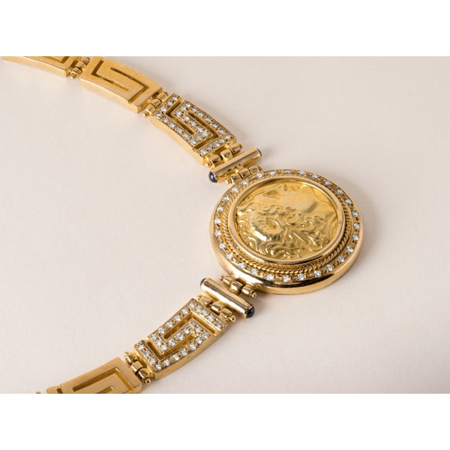 Contemporary Late 20th Century Vintage 2 Carats Diamond Medallion Greek Meander Cameo Necklace 18k Gold For Sale - Image 3 of 8