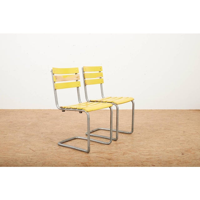 Stackable Yellow Model 1023 Garden Chair Set in Galvanized Steel Tubing and Wooden Slats by Embru, 1934, Set of 2 For Sale - Image 14 of 14
