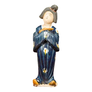 Small Chinese Statue of a Court Lady Wearing Blue Kimono and Holding a Baby