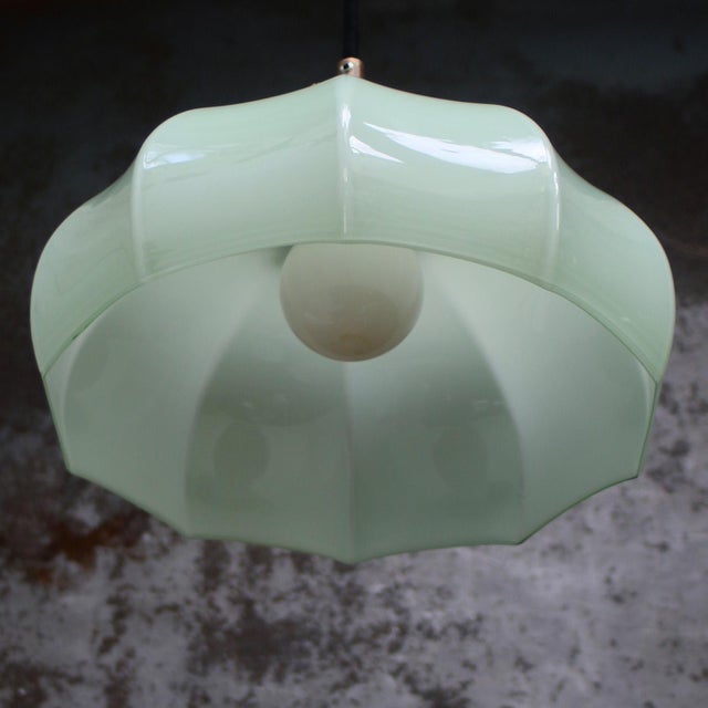 1950s French Green Opaline Glass and Brass Gallery Pendant Lamp For Sale - Image 5 of 8
