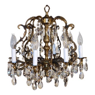 Antique French Brass 8 Arm 8 Lite Glimmering Birdcage Lead Crystal Chandelier For Sale