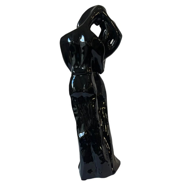 Mid-Century The Lovers Figurative Sculpture Black High Gloss Glaze Ceramic Statue For Sale - Image 4 of 7