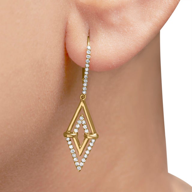 14K Yellow Gold 3/8 Cttw Double Triangle Drop and Dangle Diamond Earrings (G-H Color, SI1-SI2 Clarity) For Sale - Image 4 of 5