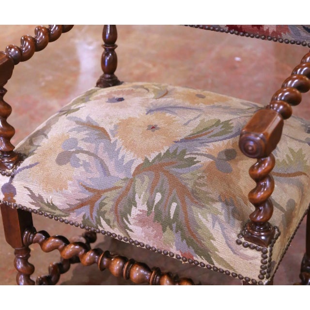 Pair of 19th C. French Louis XIII Walnut Armchairs With Aubusson Upholstery For Sale - Image 9 of 14