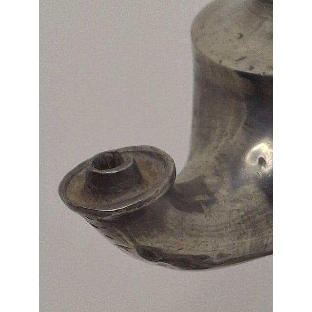 Late 19th Century Lot of 2 - 19th C Pewter Whale Oil Fat Lamps W/ Figurine, Wick Pick, European For Sale - Image 5 of 18