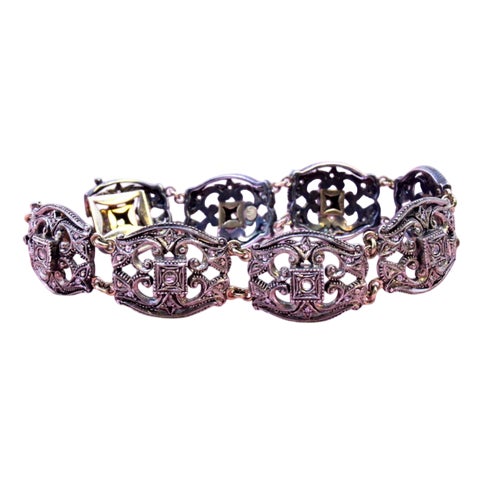 Gold and Silver Bracelet with Central Crowned Diamonds For Sale