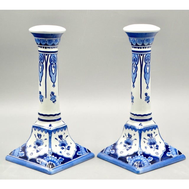 Chinoiserie Dutch Delft Chinoiserie Candle Holders, a Pair For Sale - Image 3 of 8