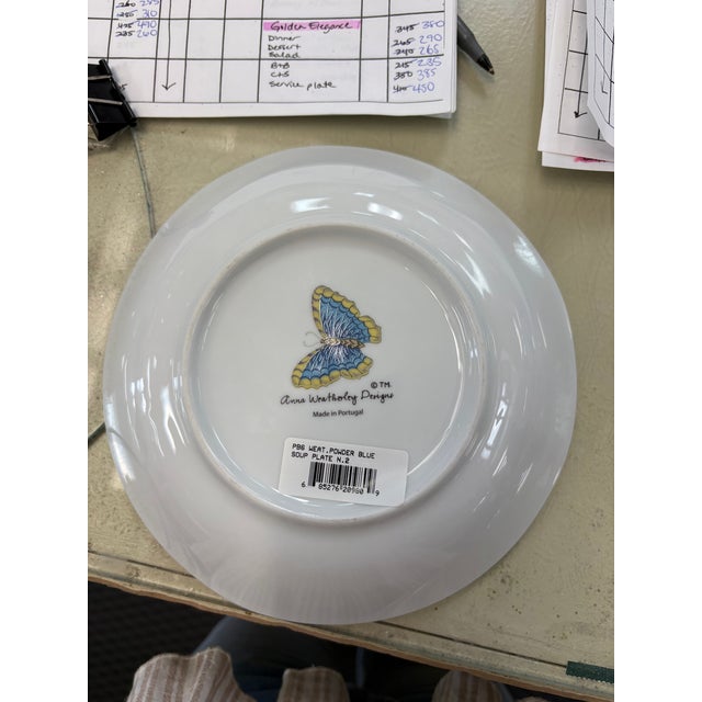 Powder blue porcelain soup bowl by Anna Weatherley from the discontinued Anna’s Colors pattern. It features a smooth,...