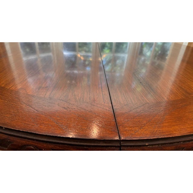 Two-Tone Round Pedestal Dining Table With Carved Apron and 22” Leaf For Sale - Image 4 of 7
