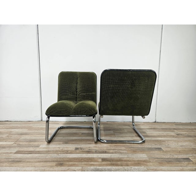 Mid-Century Modern Vintage Chairs in Chromed Metal and Green Fabric by Cazzaro, Design d'autore, 1970, Set of 2 For Sale - Image 3 of 18