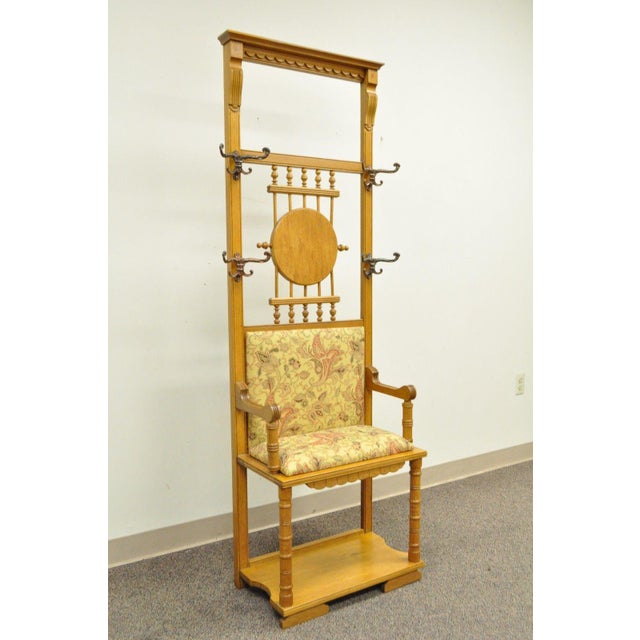 71" Antique Victorian Narrow Golden Oak Hall Tree Entry Bench Seat Coat
