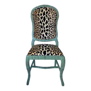 Hollywood Regency Serge Roche Style Carved Palm Animal Print Dining Accent Chair