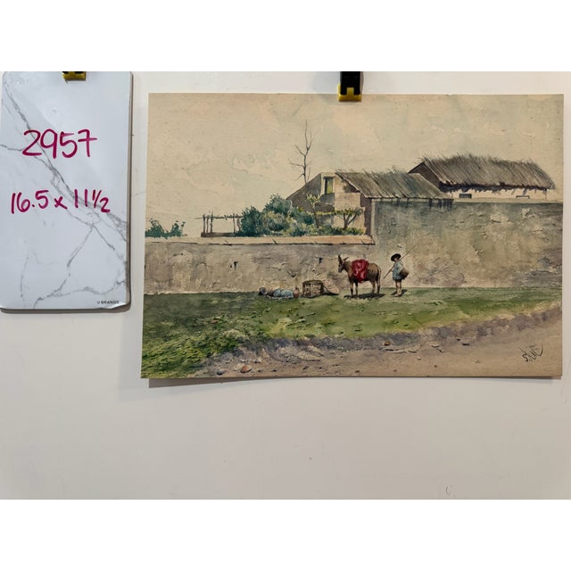 Early 20th Century Frank Henry Mason Signed Original Watercolor Rural Village Donkey Figurative Scene For Sale In Atlanta - Image 6 of 6