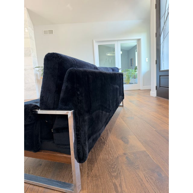 Vintage Chrome & Black Plush Upholstered Sofa and Loveseat Set in the Style of Milo Baughman & Adrian Pearsall For Sale - Image 11 of 13