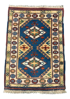 Vintage Turkish Oriental Tribal Kazak Rug in Red and Blue