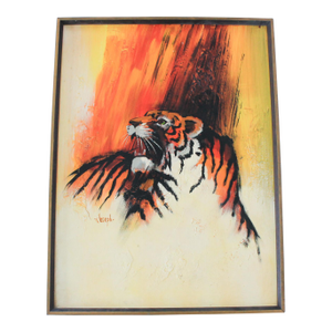 Vintage Framed Tiger Painting on Board